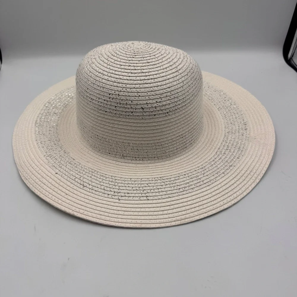 NYA New York Accessory Group Ivory Straw SunHat Metallic SilverShimmer Wide Brim